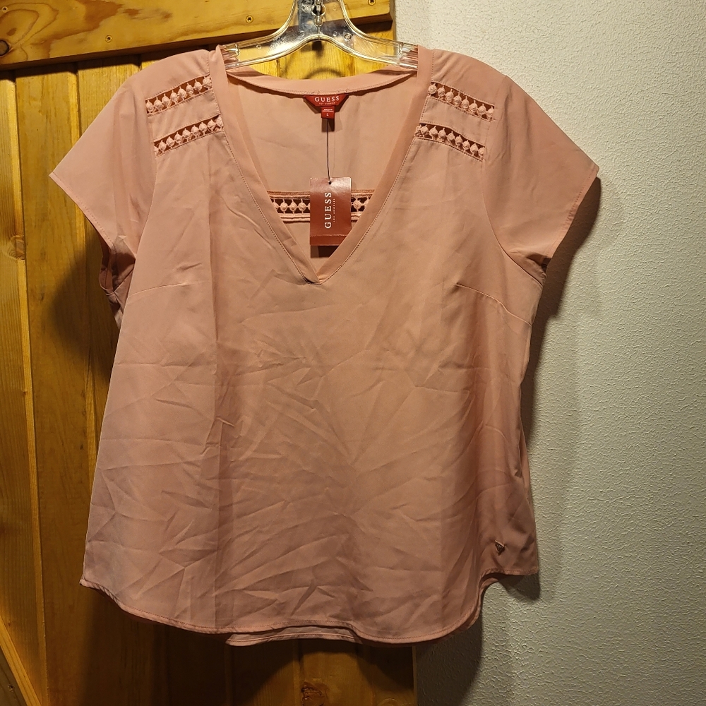 Large Women's Guess short sleeve blouse with V neck NWT